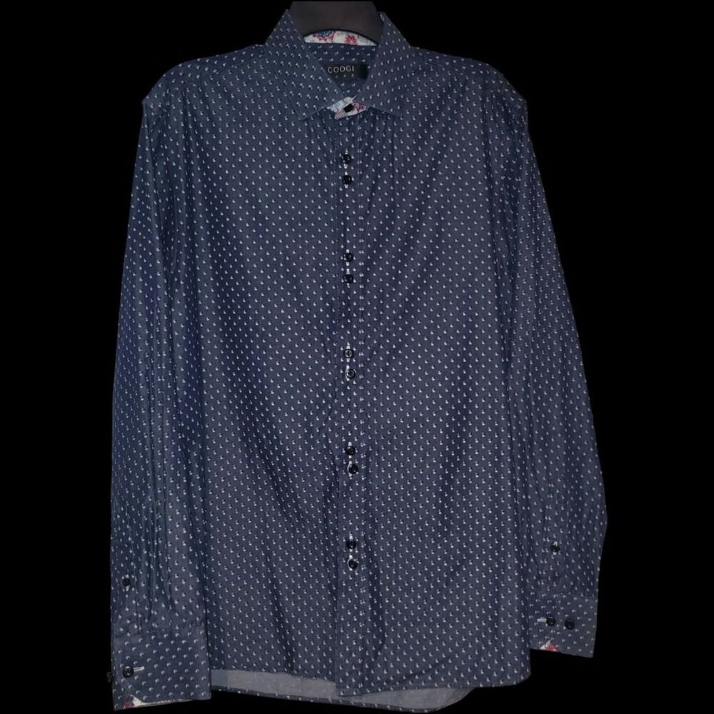 Coogi Luxe Men's Navy Patterned Shirt, XL Classic Fit 17.5/18, 100% Cotton